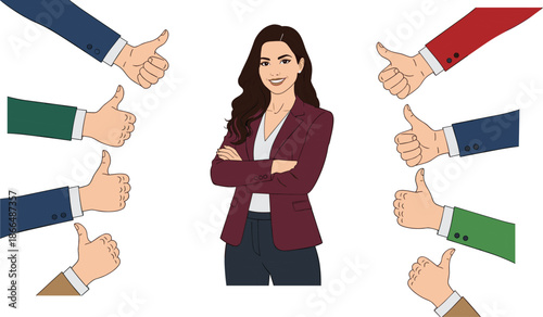 Confident woman in blazer surrounded by thumbs-up hands — leadership, approval, support, and recognition in professional context