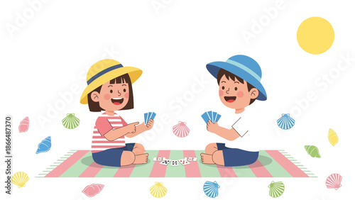 Kids Enjoying Card Game on Beach Summer Vacation Fun Concept Illustration