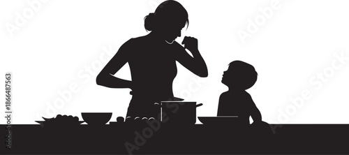Mother and child cooking together