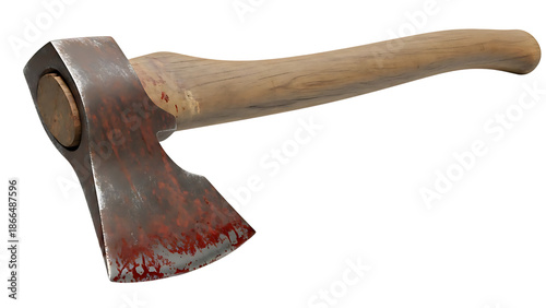 Bloodied axe with wooden handle on checkered background