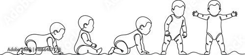 Continuous line drawing of baby growth stages featuring crawling, sitting, and standing infant for childhood development, parenting, and motherhood design.