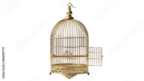 Golden birdcage with intricate design and open door