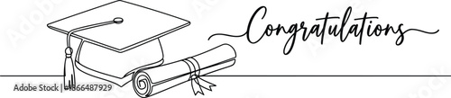 Continuous line drawing of graduation cap and diploma with Congratulations text for academic success, university commencement, and student achievement vector.