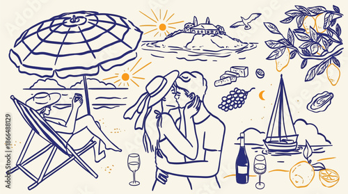 Amalfi Summer Wedding Doodle Illustration. Italian Coast Sea, Lemons, Wine, and Food Elements. Hand Drawn Vector Ink Icons for Italy Vacation Invitations, Beach Parties, and Picnics.