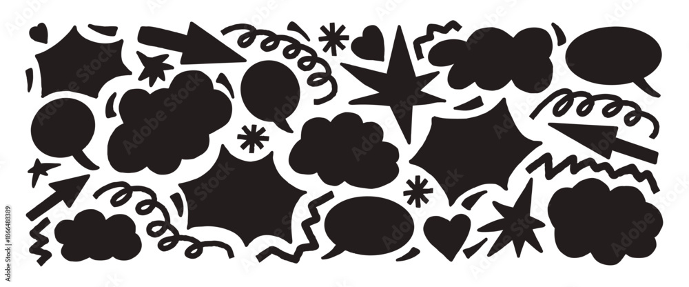 Fototapeta premium Speech bubbles, clouds, bang silhouettes paper cutouts background. Freeform black doodle figures set.Arrow,, stars, cloud, dialogue text box, heart scribbles. Vector abstract geometric illustration.