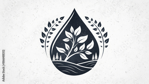Tableau sur toile Detailed nature conservation icon featuring a sprout and landscape inside a water drop framed by laurel leaves, representing global environmental protection and earth day concepts