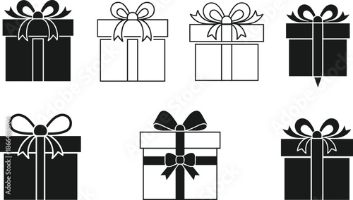 Minimalist black and white gift box icons set with bows and ribbons, flat vector illustration for holiday, birthday, celebration, and packaging design concepts