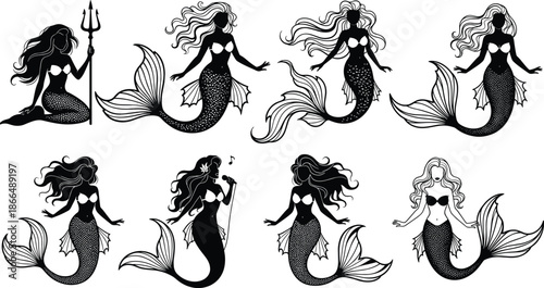 Mermaid silhouette icon set with mythical sea creatures, swimming sirens, trident, and singing characters for nautical, ocean, and fantasy designs.