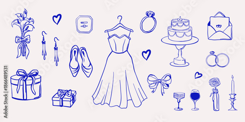 Hand drawn wedding illustration set with bride dress, cake, rings, bouquet, gifts, shoes, glasses, candles, envelope and romantic accessories. Vector illustration.