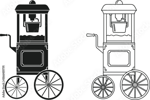 Popcorn cart icon set with vintage snack machine, solid black and outline trolley symbols for cinema, carnival, and fair food.