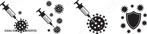 Black silhouette illustrations of syringes injecting virus and shield protecting against viruses
