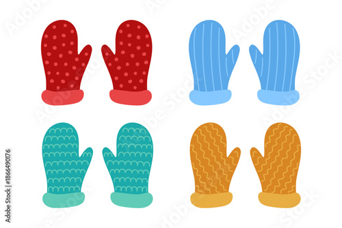 Set of colorful flat cartoon mittens with different patterns. Seasonal warm clothing accessories for winter holidays and cold weather. Vector illustration