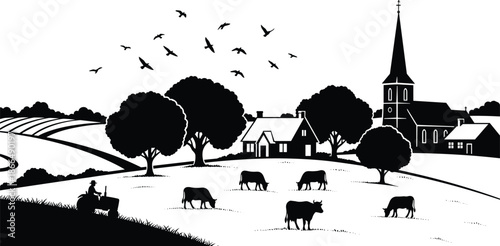 Rural village landscape silhouette featuring a church steeple, farmhouse, tractor, grazing cows, flying birds, and oak trees for country scenery.