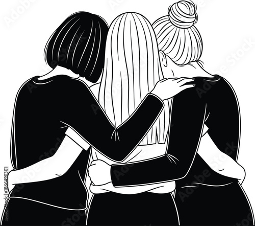Three women hugging from behind, female friendship illustration, girls support each other, solid black and outline art for community, and sisterhood.