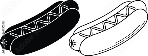 Black and white hot dog vector illustration set, minimalist sausage food icon design, outline and solid styles isolated on white background