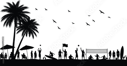 Tropical beach resort silhouette featuring palm trees, people playing volleyball, surfing, swimming, relaxing under umbrellas, and birds flying in sky.