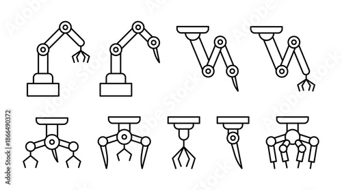 Robotic arm icon set featuring various industrial cutting manipulator designs or medical robotic knife. Automation and technology concept for manufacturing and medicine. Vector illustration