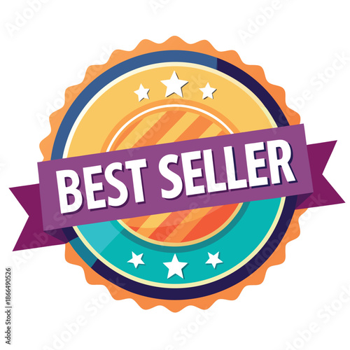 A colorful “Best Seller” badge with ribbons and stars in a modern flat design