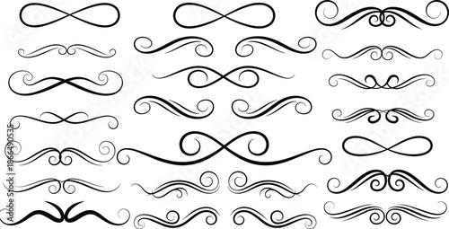 Decorative calligraphic flourish elements vector set, elegant swirls and dividers collection, vintage ornamental lines for design isolated on white background