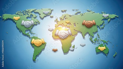 World map with multiple interconnected handshake icons symbolizing global collaboration.