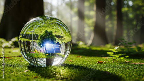 reflective glass sphere with solar panels in a lush green forest setting