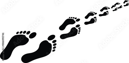 Human footsteps silhouette trail moving forward, black footprint path isolated on white background, flat vector illustration for journey, progress, walking, travel, and personal development concepts
