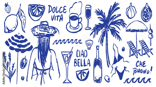 Italian Style Vacation Illustration Set: Hand Drawn Vector Elements for Poster and Menu Design. Grunge Chalk or Charcoal Rough Doodle Sketch Style with Summer Vacation Lettering Decoration.