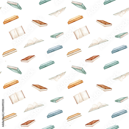 Seamless pattern with watercolor illustration books. Repeat ornament isolated on background. Open and stack of books clipart brown green colors. Vintage old textbooks hand drawn