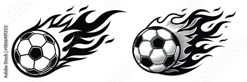 Flaming football ball vector illustration, soccerball with fire trail, football dynamic sports logo style design, football black and white silhouette, fast motion ball for sports branding and posters