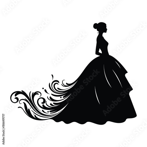 Elegant woman silhouette in a flowing evening gown dress