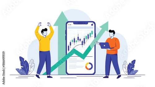 Business Growth Illustration With Mobile Dashboard And Upward Arrows Showing Financial Progress