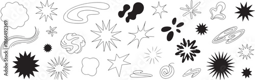 Collection of various black and white starburst shapes and designs for graphic use