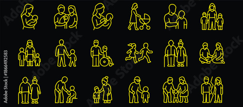 Family and parenting line icon set. Vector pictograms of couples, single parents, children, elderly, baby, newborn, teenager thin linear illustration.