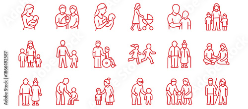 Family and parenting line icon set. Vector pictograms of couples, single parents, children, elderly, baby, newborn, teenager thin linear illustration.