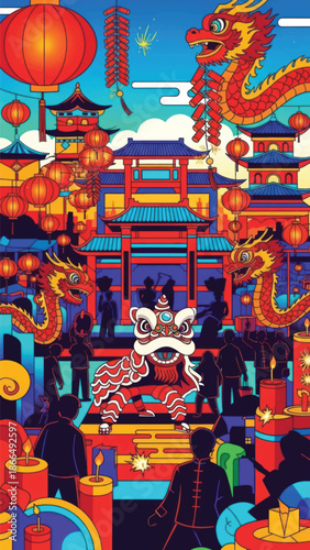 Vibrant Lunar New Year parade scene with lanterns, dragons, and ornate temple architecture.