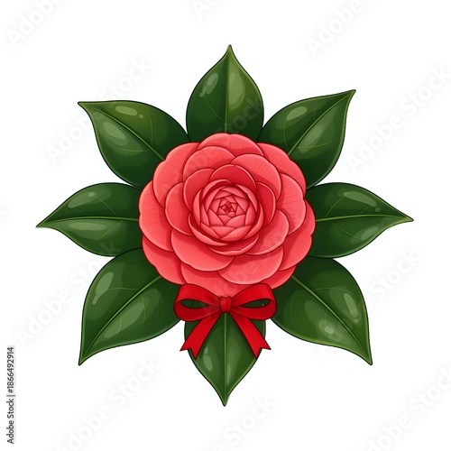 Elegant camellia blossom with green leaves and bow