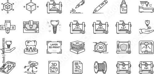 3D Printing Line Icon Set Featuring Additive Manufacturing, Dental Implants, 3D Pens, Filament Spools, Industrial Printers, Digital Prototypes, and High Tech Tools