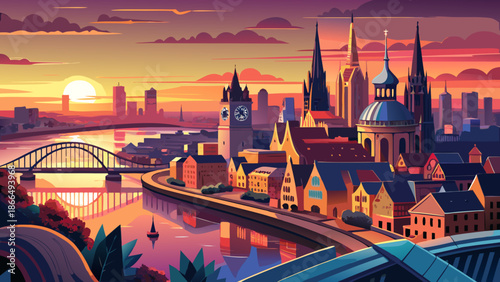 Very beautiful sunset cityscape of Cologne, Germany, with the Rhine River flowing through the skyline, creating a dramatic and romantic atmosphere in western Germany’s vibrant urban heart.