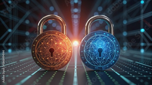 Quantum Cryptography Digital locks with intricate designs illuminate a futuristic background, symbolizing security and technology.