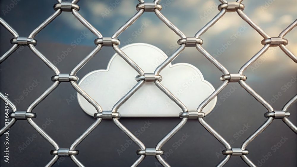 Naklejka premium Quantum Cryptography A cloud icon is seen behind a chain-link fence, symbolizing barriers to digital access or data.