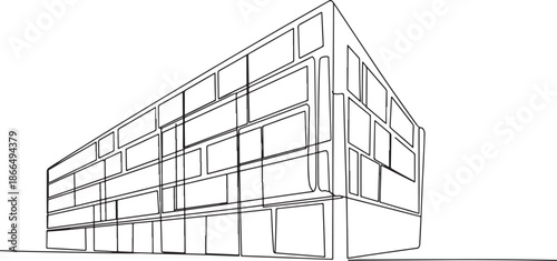 Line drawing of a modern multistory building with many windows and rectangular shape