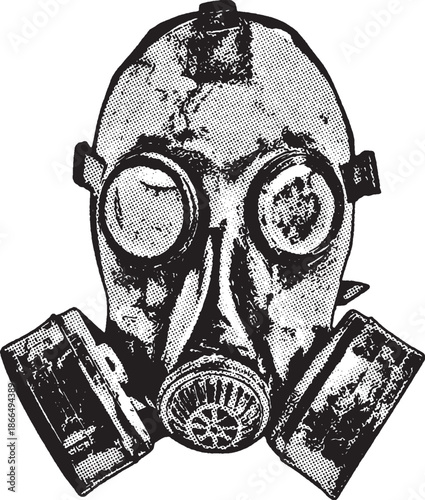 Distressed Vintage Military Gas Mask Illustration, a military gas mask. The graphic features heavy weathering and dual filters, symbolizing protection, war, or post-apocalyptic themes.