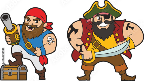 Cartoon pirate character illustration set showing bold bearded pirates with cannon, sword, and treasure chest, colorful adventure artwork for games, kids stories, and fantasy designs.