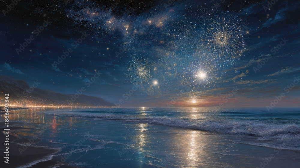 Obraz premium Nightfall Serenity: Witness the serene beauty of a starlit night reflected on the tranquil ocean surface. The sky, a canvas of glistening stars.