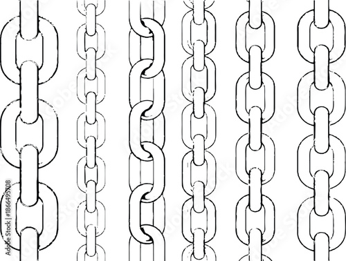 A technical illustration showing various types of metal chain links in different styles. Illustration showcases several identical vertical chain links. simple, consistent design. 