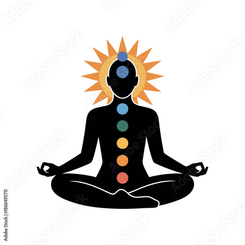 A person meditating in lotus position with a sun behind their head and seven chakras on their body