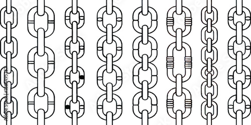 A technical illustration showing various types of metal chain links in different styles. Illustration showcases several identical vertical chain links. simple, consistent design. 