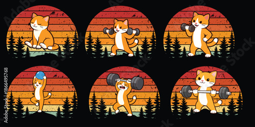 Cute cat doing fitness exercises set in retro sunset style illustration