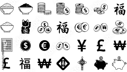 Various symbols and currency icons isolated on white background, Vector