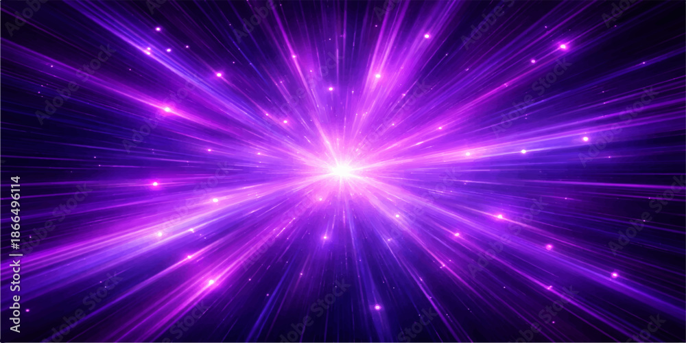 Fototapeta premium Abstract blue and purple space background featuring a bright star burst with glowing laser rays and shiny energy flares for a disco night vector design illustration